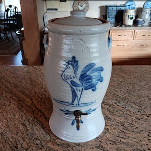 Vintage Rowe Pottery Works Stoneware Salt Glaze Water Cooler With Ears and Lid Rooster Motif Early Eighties Magnificent