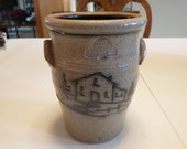 Vintage Rowe Pottery Stoneware Salt Glaze Jar With Ears House In Woods Design 1987