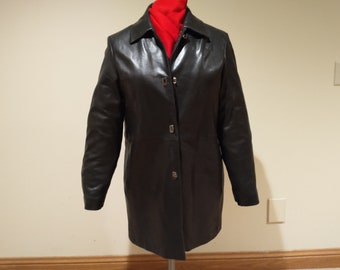 Vintage Anna Klein Raincoat Women&#39;s Black Leather Jacket Size Small
