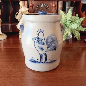 Vintage Rowe Pottery Stoneware Salt Glaze Jar Rooster Motif With Ears And Lid 2004
