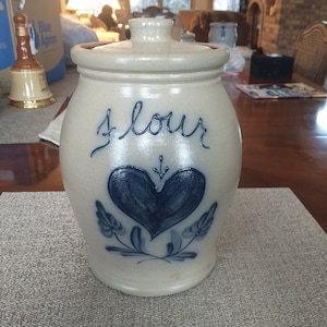 Vintage Maple City Pottery Stoneware Salt Glaze Large Flour Jar With Lid 1994