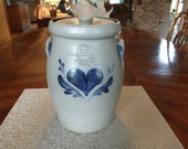 Vintage Rowe Pottery Stoneware Salt Glaze Jar With Ears And Lid Heart Motif 1992