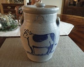 Vintage Rowe Pottery Stoneware Salt Glaze Jar Cow Motif With Ears And Lid 1986