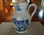 Vintage Rowe Pottery Stoneware Salt Glaze Large Pitcher With Cow Motif 1990