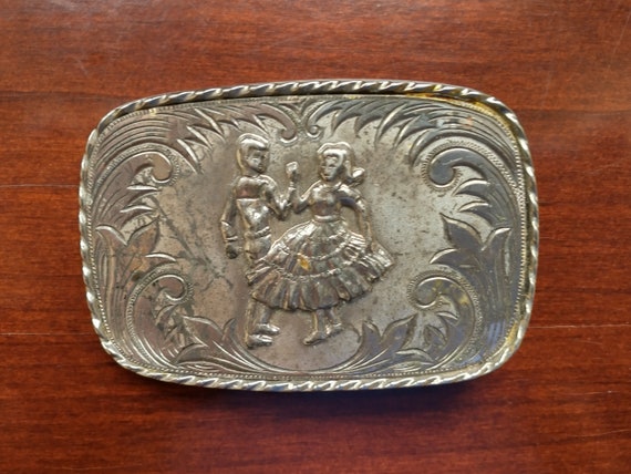 Vintage Square Dancing Belt Buckle Light Corrosion