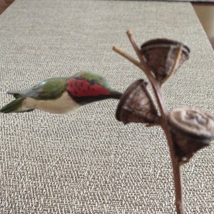 May include: A small, green and red hummingbird figurine perched on a branch with three dried seed pods. The hummingbird is painted with realistic details and has a long, thin beak.