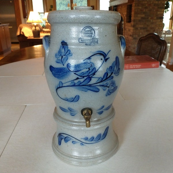 Vintage Rowe Pottery Works Stoneware Salt Glaze Water Cooler With Ears and Lid Bluebird Motif 1987