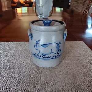 Vintage Rowe Pottery Stoneware Salt Glaze Jar Running Pig Motif With Ears And Lid