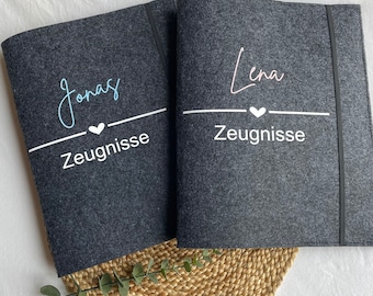 Certificate folder | Felt folder | with clear plastic sleeves | Personalized | Light grey | Dark grey | Gift | First day of school