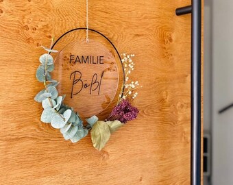 Door wreath with acrylic disc l door sign l name plate l circle l ring l black l personalized l gift l for dried flowers