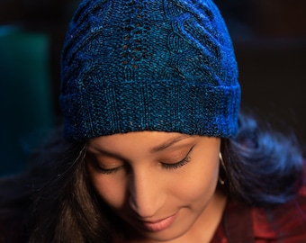 Knitting Pattern | EMBERLY | folded brim cable and lace hat knit pattern by Vanessa Smith Designs