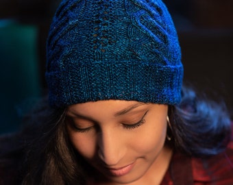 Knitting Pattern | EMBERLY | folded brim cable and lace hat knit pattern by Vanessa Smith Designs