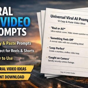 Pode incluir: Gráfico promocional para "VIRAL AI VIDEO PROMPTS" com texto que destaca "Copy & Paste Prompts", "Perfect for Reels & Shorts" e "Easy to Use". Inclui uma pilha de papéis com "Universal Viral AI Prompts" e ideias de vídeo.