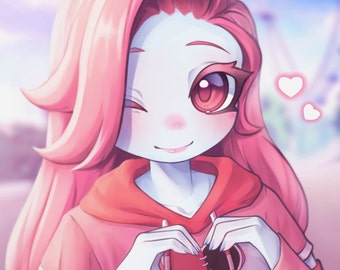 May include: A cartoon character with pink hair and blue skin is making a heart shape with their hands. They are wearing a pink hoodie with a red heart on the front. The heart is ripped and stitched together.