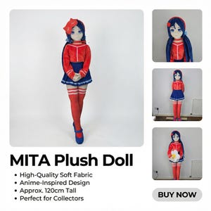 May include: A plush doll with anime-inspired design. The doll is approximately 120cm tall and features a red jacket, blue skirt, and red thigh-high socks. The doll has blue hair and is wearing blue shoes. The text "MITA Plush Doll" is visible.