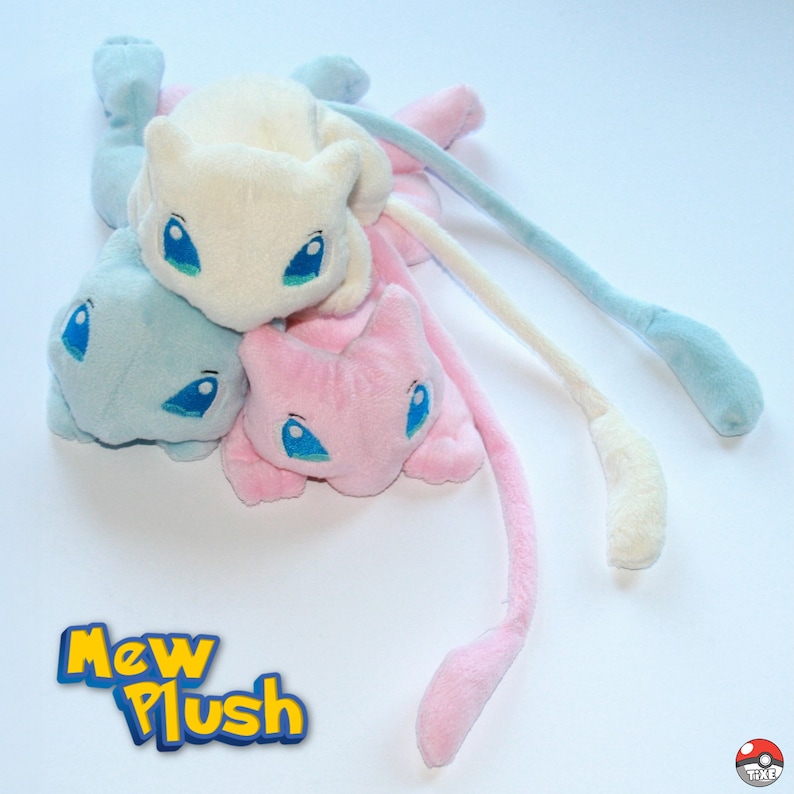 May include: Three plush Mew toys in different colors: light blue, white, and pink. Each toy has a long tail and a cute, cartoonish face.