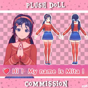 May include: A plush doll with blue hair and red and blue clothing. The doll is holding its hands together in a praying position. The text "Hi! My name is Mita!" is written below the doll. The background is pink with hearts.