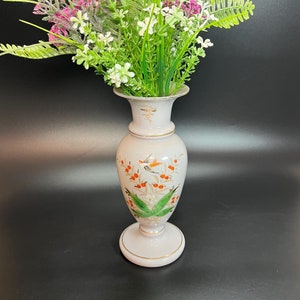 Antique 19th Century Bristol Glass Vase Clambroth Color Hand Painted Flowers Bird Gold Trim Victorian Glass Farmhouse Cottage Grandma Decor