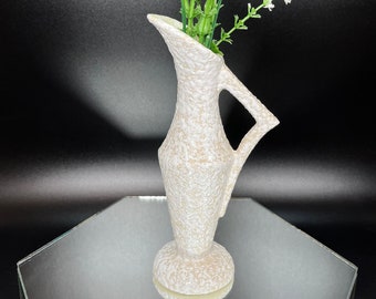 Mid Century Mod White Splatter Textured Ceramic Handled Bud Vase Light Green Spout BoHo Cottage Farmhouse Vintage 1950's -1960's Decor