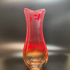 Vintage Sommerso Art Glass Vase: Ombre Red Yellow Clear, Heavy Decor