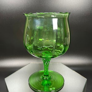 Empoli Emerald Green Optic Ribbed Glass Vase 8&quot; Tall Twisted Stem Decorative Snifter Footed Bowl Candy Dish MCM BoHo Cottage Farmhouse