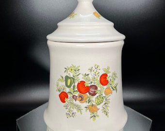 Vintage Ceramic Lidded Canister: Vegetable Print Kitchen Storage