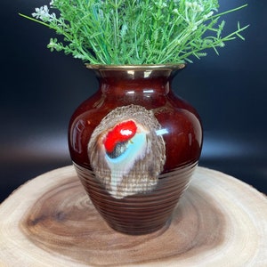 Carstens Tonnieshof West German Pottery Ceramic Vase Brown Red Turquoise Drip Glaze Gold Rim Stamped 450 Vintage MCM Contemporary Decor