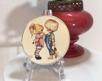 Vintage 1970's Folding Compact Make Up Mirror - Little Boy & Girl Holding Hands - Cottage - Retro - BoHo - Purse Vanity