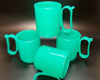 Tupperware Jadeite Green Colored Plastic Coffee Mugs 3052A, 4 Pcs Stackable Vintage 1980's-1990's Drinkware Camping Outdoor Child Friendly