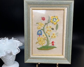 Jacobean Floral Crewel with Ladybug Hand Crafted Embroidery Wall Decor Gift Vintage Arts & Crafts Glass Framed by The Love's in Ardmore, OK