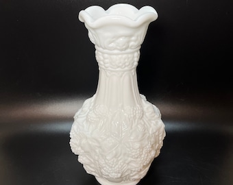 Imperial Glass Loganberry Print White Milk Glass Vase Raised Berry & Leaf Pattern Ruffled Mouth Cottage Contemporary Farmhouse MCM Decor