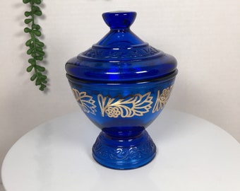 1950's Vanda Fragrance Candle Compote with Lid Cobalt Blue Glass with Gold Floral Accents - MCM, Art Deco, Retro, Cottage, Farmhouse