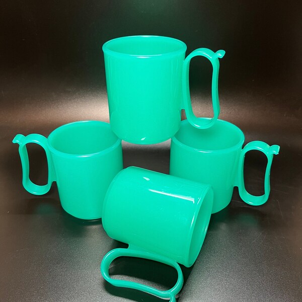 Tupperware Jadeite Green Colored Plastic Coffee Mugs 3052A, 4 Pcs Stackable Vintage 1980's-1990's Drinkware Camping Outdoor Child Friendly