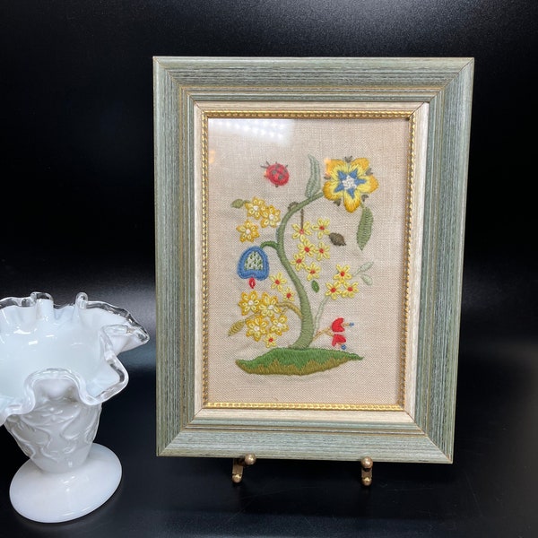 Jacobean Floral Crewel with Ladybug Hand Crafted Embroidery Wall Decor Gift Vintage Arts & Crafts Glass Framed by The Love's in Ardmore, OK