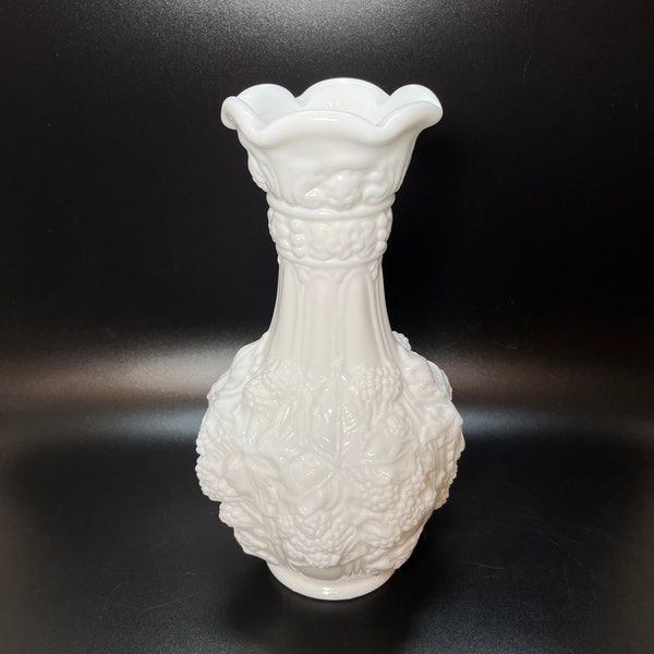 Imperial Glass Loganberry Print White Milk Glass Vase Raised Berry & Leaf Pattern Ruffled Mouth Cottage Contemporary Farmhouse MCM Decor