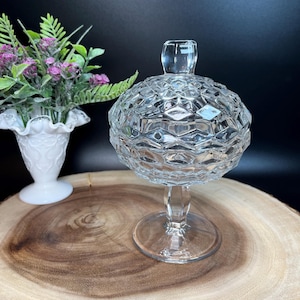 Fostoria American 2056 Clear Glass 7&quot; T Jelly and Cover Dish Vintage Lidded & Stemmed Cubist Glass Candy Condiment Dish Service Addition