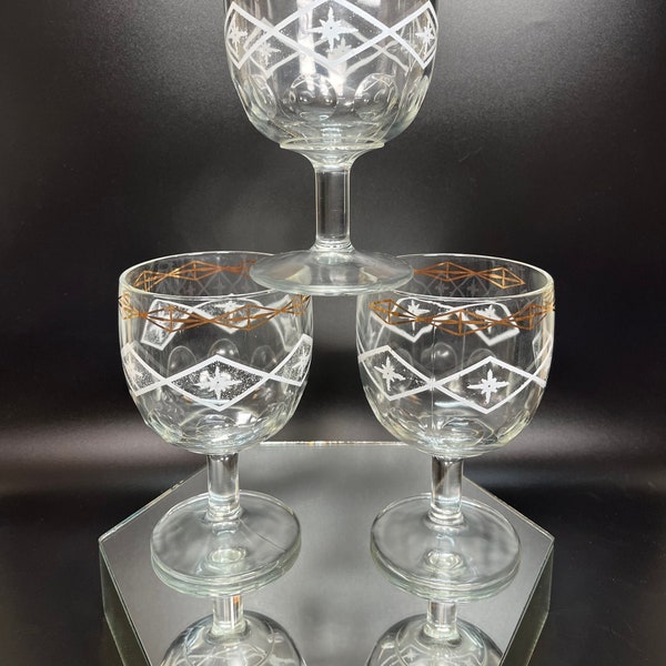 Bartlett Collins Thumbprint Glass Schooners Beer Glasses Drinking Goblets 3 Pcs White Diamond Atomic Starbursts Gold Diamonds MCM Barware