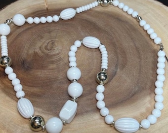 Vintage White Lucite Beaded Necklace: Silver Tone Clasp, 1970s Costume Jewelry