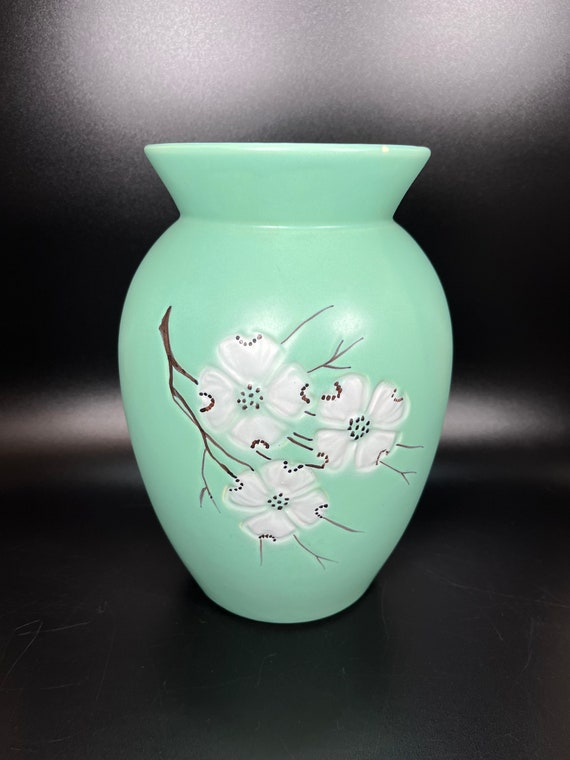 Vintage Mccoy Pottery Vase: Aqua Green Ceramic Dogwood Bouquet