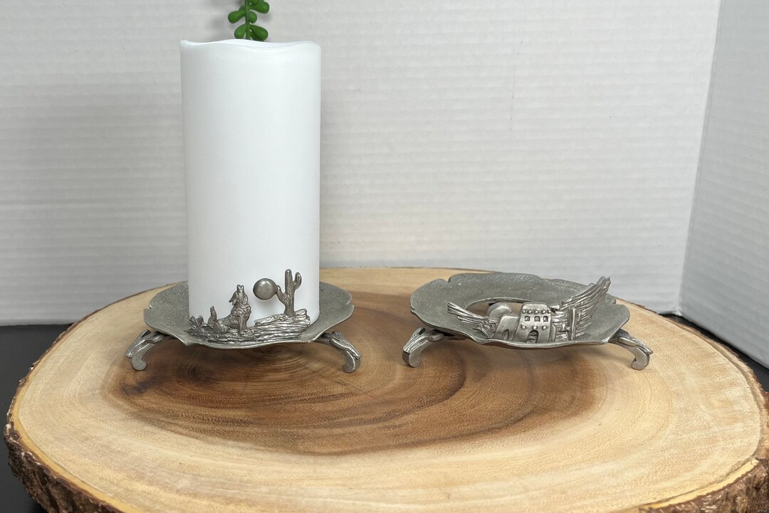 Rawcliffe Pewter Pillar Candle Holders Footed Set of Two Howling Coyote