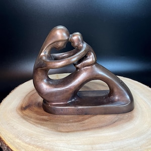 Abstract Brass or Bronze Metal Mother and Child Figurine or Statue 7&quot; L Vintage Contemporary Minimalist Decor Mother&#39;s Day Baby Shower Gift
