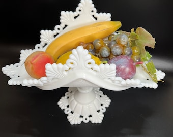 Westmoreland White Milk Glass Footed Banana Stand Fruit Bowl MCM BoHo Contemporary Vintage 1950s Kitchen Christmas Holiday Decor Centerpiece