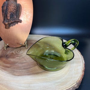 Vintage Olive Green Glass Gravy Boat: Heart Shaped Trinket Dish