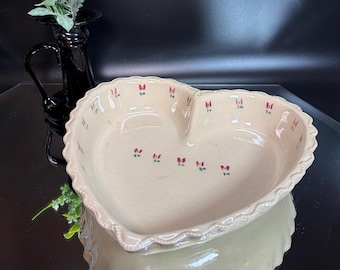 Ceramic Heart Shaped Bowl Hand Painted Red Tulips Vintage Cottage Core