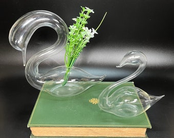 Hand Crafted Clear Blown Glass Swan Bud or Single Flower Vases 2 Piece Set Vintage Glass Decor Cottage Farmhouse BoHo Bird Lovers Gift