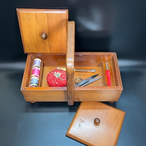 Vintage Wood Sewing Box: Handled Double Lidded Craft Storage