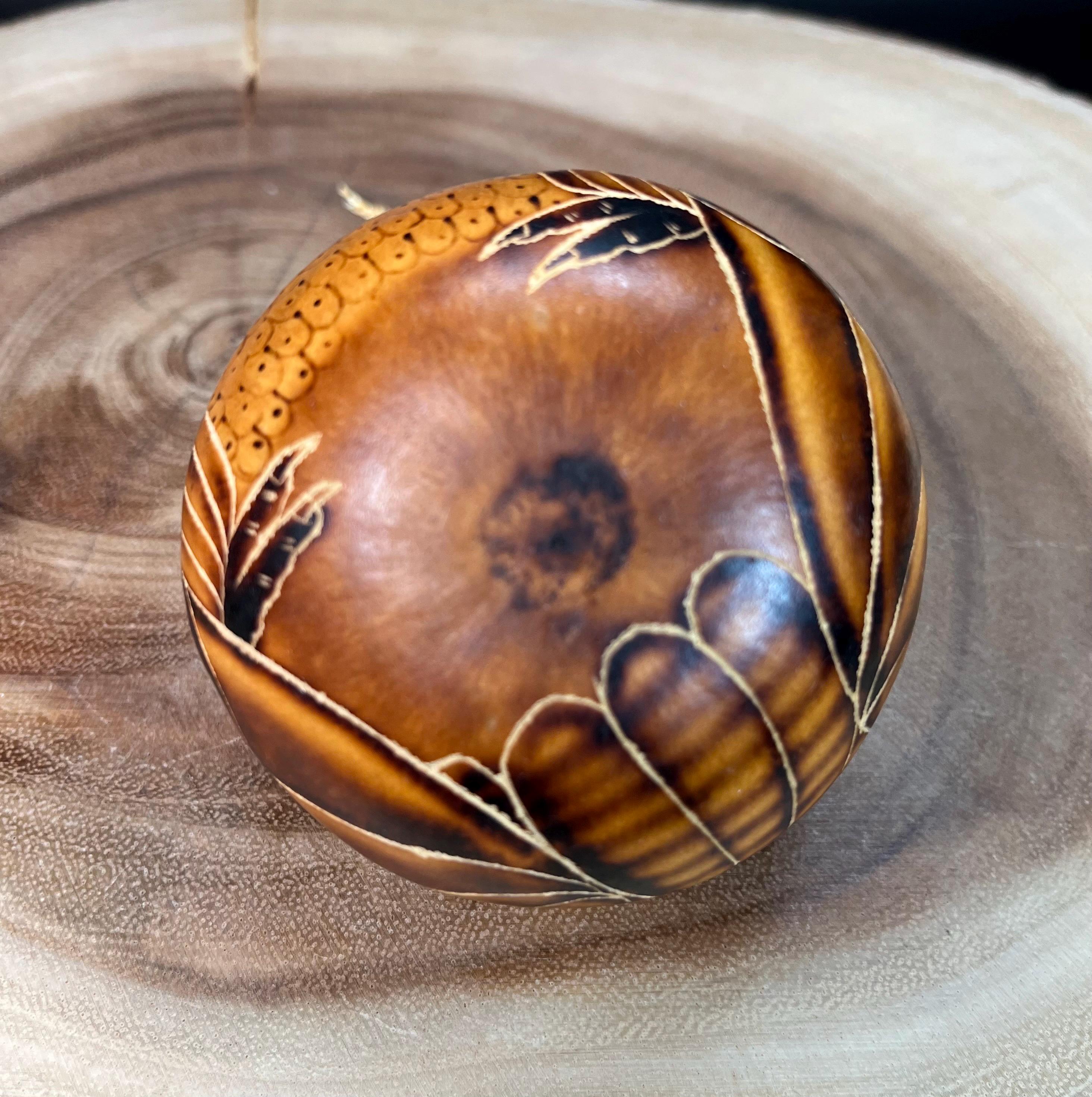 Peruvian Hand Carved Gourd Owl Ornament Burned for Color