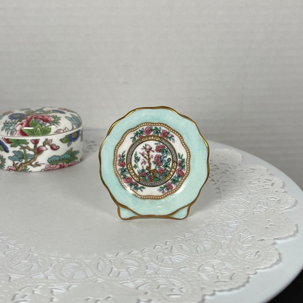 Coalport England Bone China Miniature Footed Standing Plate #70 Indian Tree Print Mint Green Gold Trim Collectible Farmhouse English Cottage