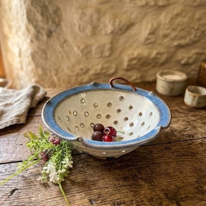 Handcrafted Pottery Berry Strainer or Colander White and Blue Glaze, Leather Hanger