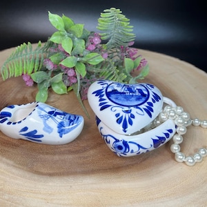 Vintage Delft Blue Dutch Clog Ashtray & Heart Trinket Box Set